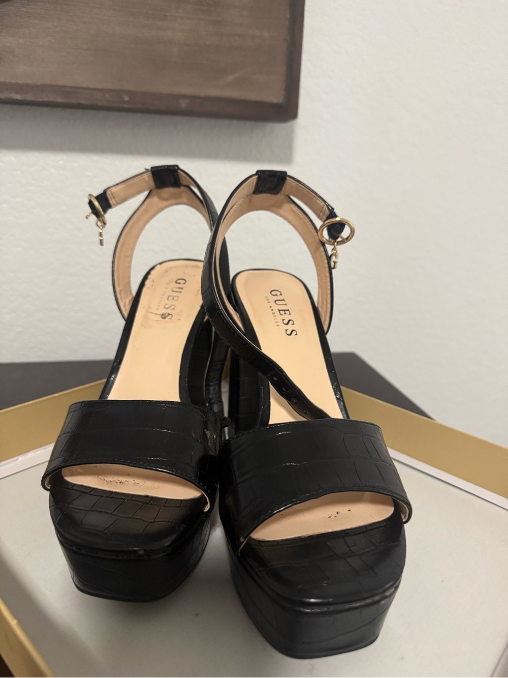 GUESS Black Croc-Embossed Platform Slingback Sandals with Gold Hardware